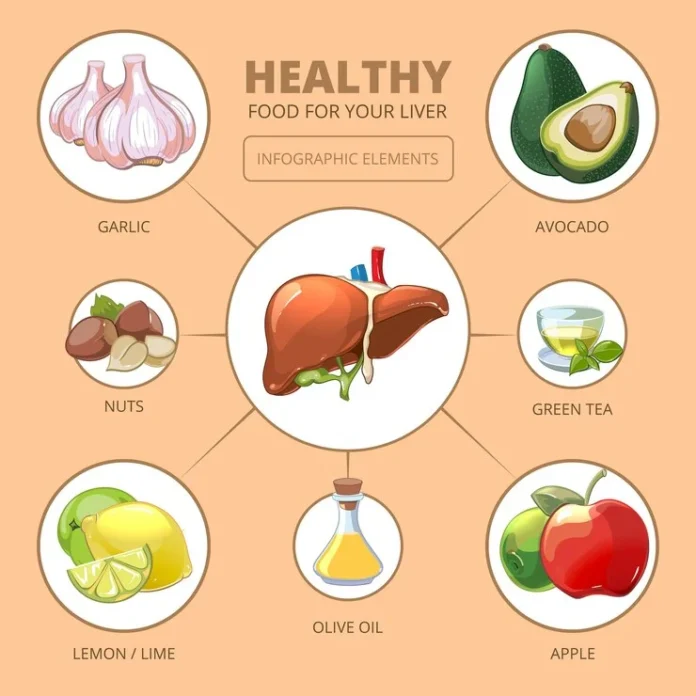 healthy-foods-liver-apple-olive-lime-lemon-green-tea-nuts-garlic-design-vector-illustration-medical-health-infographic_1284-42461